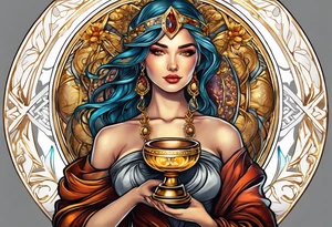 woman holding chalice surrounded by golden halo tattoo idea