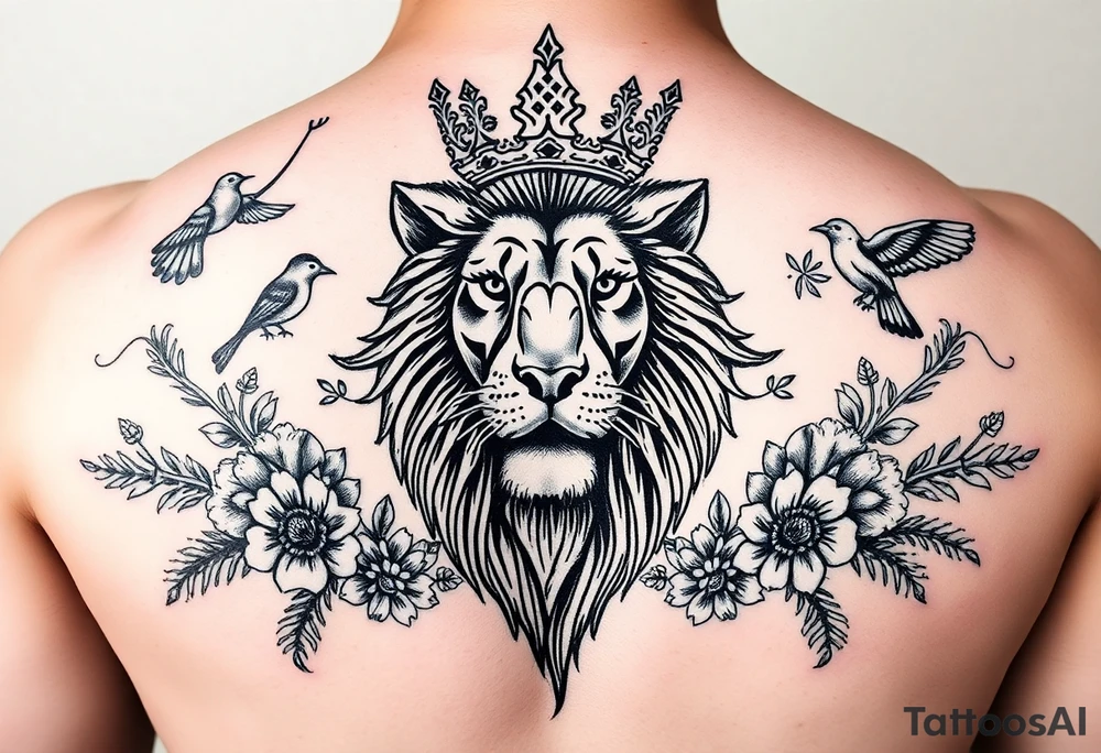 powerful majestic lion with a crown, surrounded by floral ornaments and birds tattoo idea