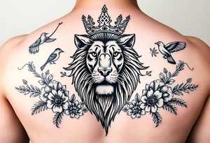 powerful majestic lion with a crown, surrounded by floral ornaments and birds tattoo idea