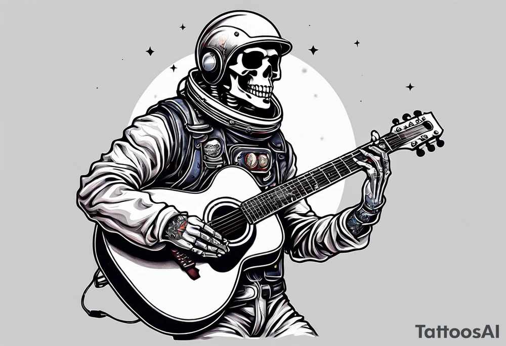 Skeleton astronaut playing acoustic guitar tattoo idea