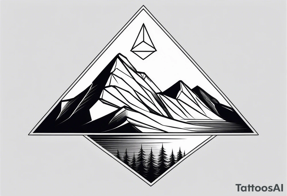 A minimalistic image of a mountain landscape enclosed in a triangle. Clear lines, two layers for depth. tattoo idea