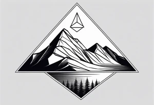 A minimalistic image of a mountain landscape enclosed in a triangle. Clear lines, two layers for depth. tattoo idea