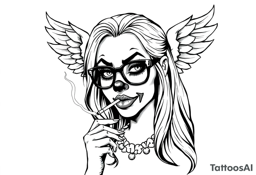 beautiful long hair Clown Girl thug eyeglasses angel wings smoking a cigarette tattoo idea