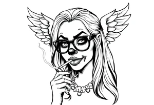 beautiful long hair Clown Girl thug eyeglasses angel wings smoking a cigarette tattoo idea
