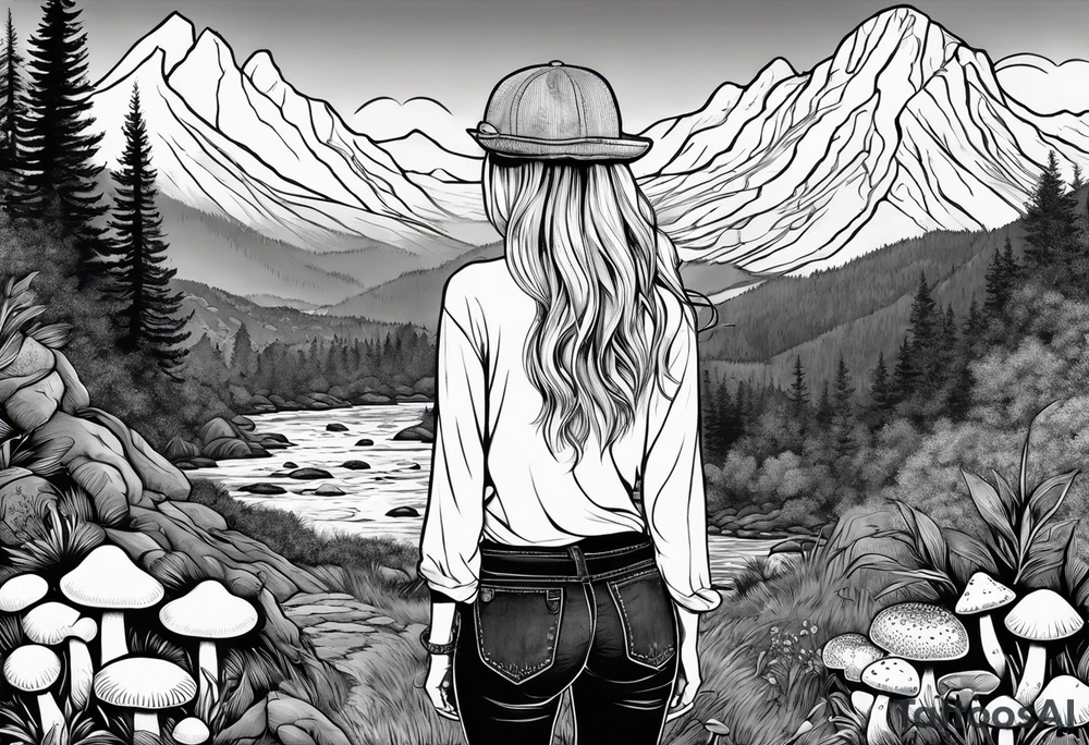 Whole picture encircled fully

Straight long blonde hair hippie girl in distance holding mushrooms in hand facing away toward mountains and creek surrounded by mushrooms long sleeve shirt and hiking pants; whole rendering within a full circle, no cut off circle tattoo idea