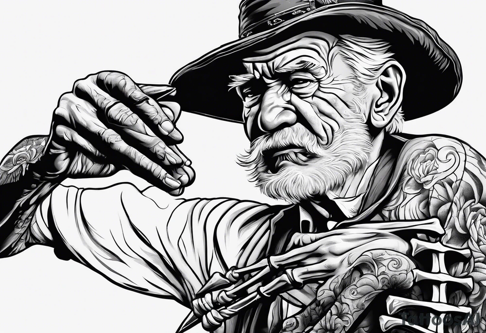 old man in cloake fighting with a skeleton tattoo idea