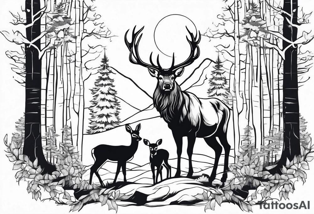 a large majestic male with large antlers, a graceful female and a small fawn. In the background, majestic trees, such as spruce and birch, tattoo idea