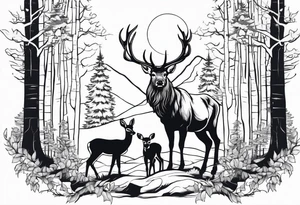 a large majestic male with large antlers, a graceful female and a small fawn. In the background, majestic trees, such as spruce and birch, tattoo idea