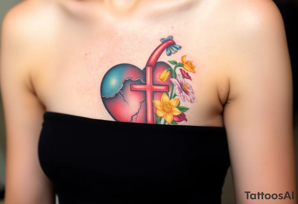 tattoo with heart
: one side representing death and the other life. (from death to life) with a simple cross down the middle. The life side I'd like the following flowers growing out of it: Morning Glory, Lily of the Valley, Daffodil, Rose, Poppy, and Iris tattoo idea