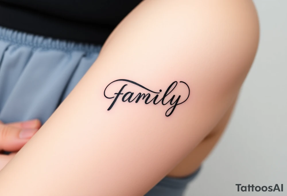 A flowing infinity symbol intertwined with the word "family" written in elegant cursive, symbolizing endless love and connection tattoo idea