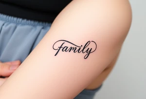 A flowing infinity symbol intertwined with the word "family" written in elegant cursive, symbolizing endless love and connection tattoo idea