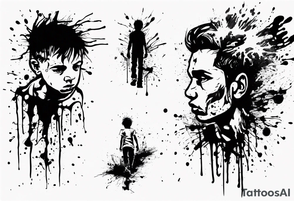 Paint splash drawing a lost boy walking alone tattoo idea