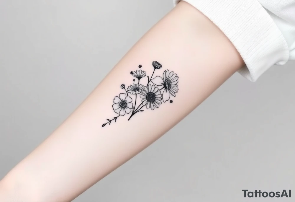Small flower bouquet with order of flowers, daisy, cosmo, poppy, chrysanthemum, cosmo tattoo idea