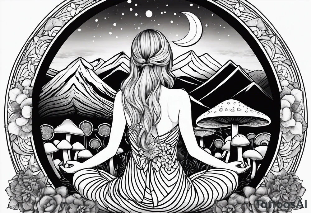 Straight blonde hair girl meditating facing away toward mountains surrounded by mushrooms crescent moon mandala circular design black and white striped dress tattoo idea