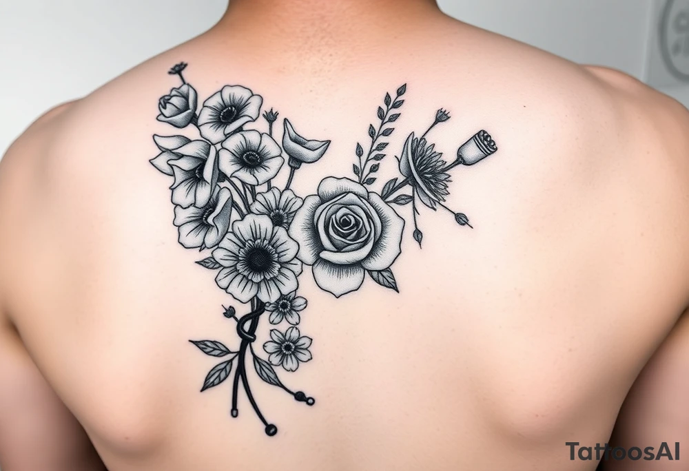 6 inches tall by 4 inches wide approximately, black and white tattoo with a bouquet of hollyhocks, one wild rose, and wild flowers, include a stethoscope along the side with the CNA symbol and the name June Etta tattoo idea