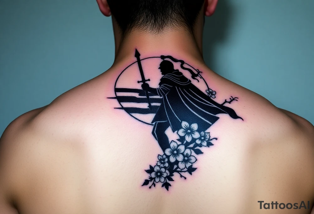 noble knight silhouette at sunset with cherry blossoms tattoo idea