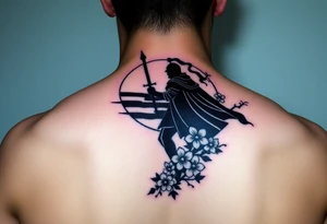 noble knight silhouette at sunset with cherry blossoms tattoo idea