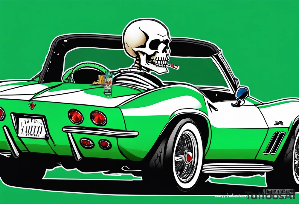 Skeleton smoking a cigarette driving a green 1976 convertible Corvette tattoo idea