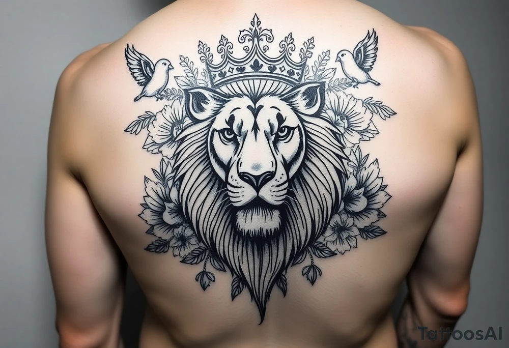 powerful majestic lion with a crown, surrounded by floral ornaments and birds tattoo idea