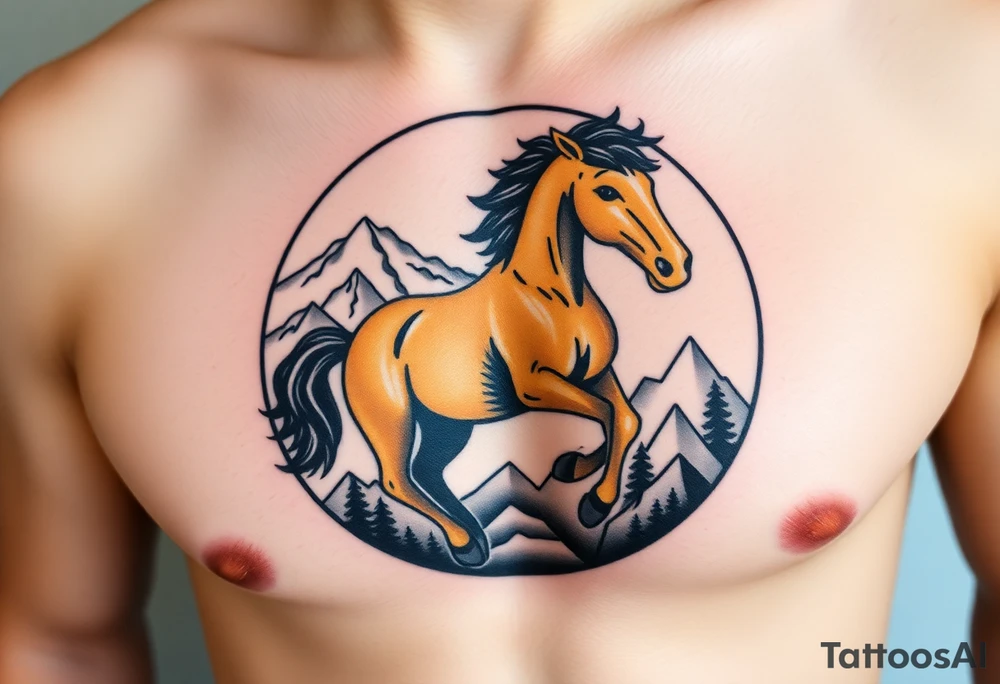 A golden mustang horse with black mane and legs, captured in motion inside a circle. The mountains and nature should frame the design, blending with the horse's black fur as a base to represent the landscape. Experiment with using the black fur to shape the mountains, playing with edges or interior details. tattoo idea