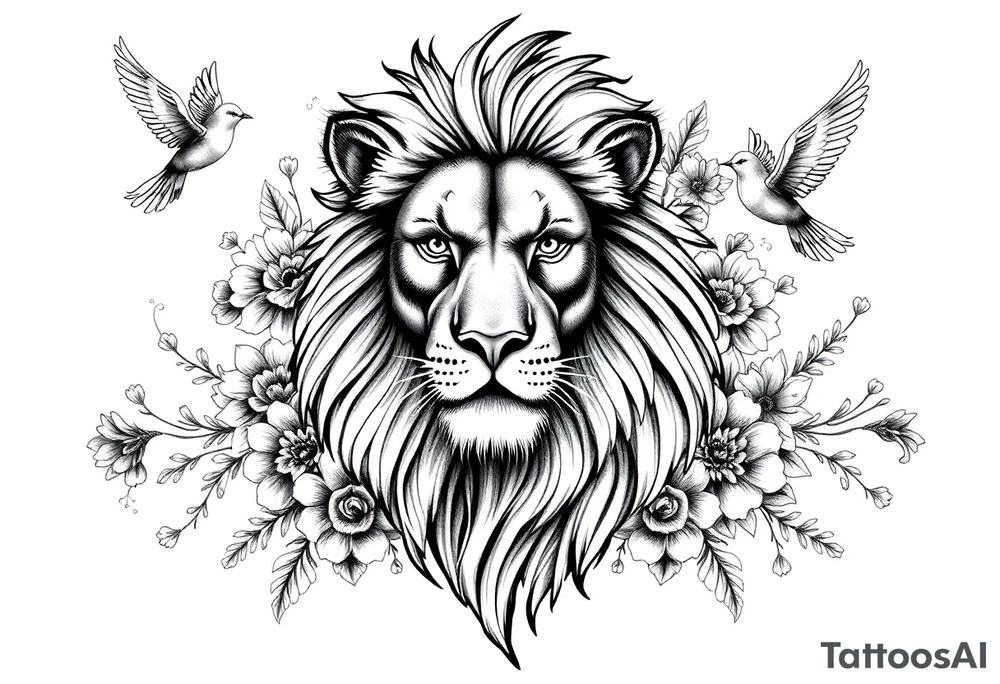 powerful majestic lion with a crown, surrounded by floral ornaments and birds tattoo idea