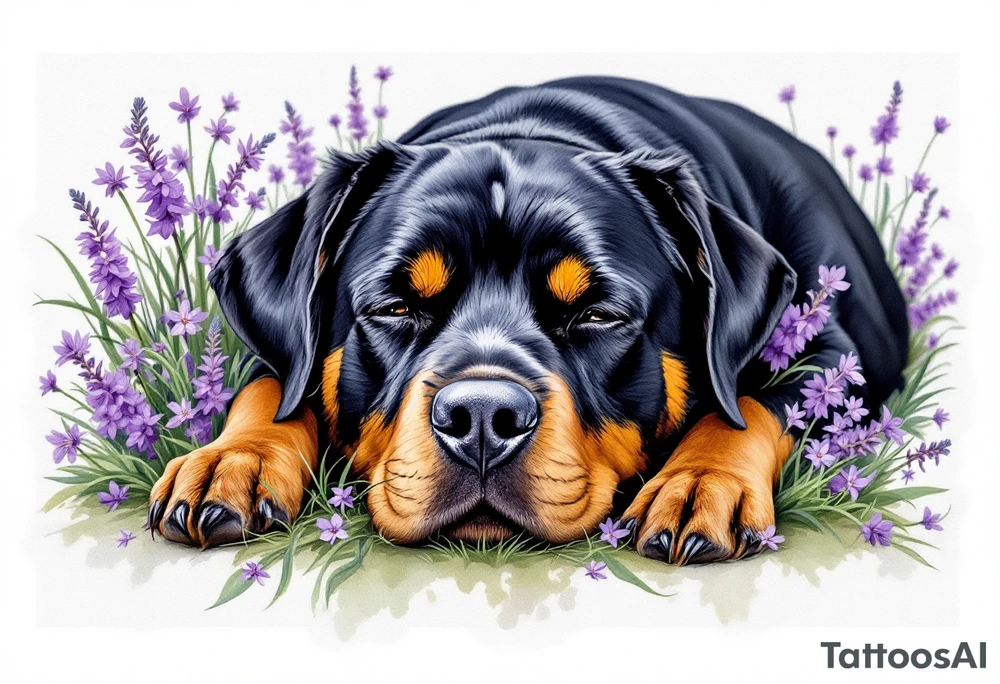 Rottweiler in Flowers – A full-body Rottweiler lying peacefully in a field of purple wildflowers. Rich black and tan fur contrasting with violet and green tones. tattoo idea