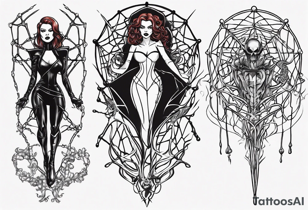 Black widow queen tangled web tattoo idea