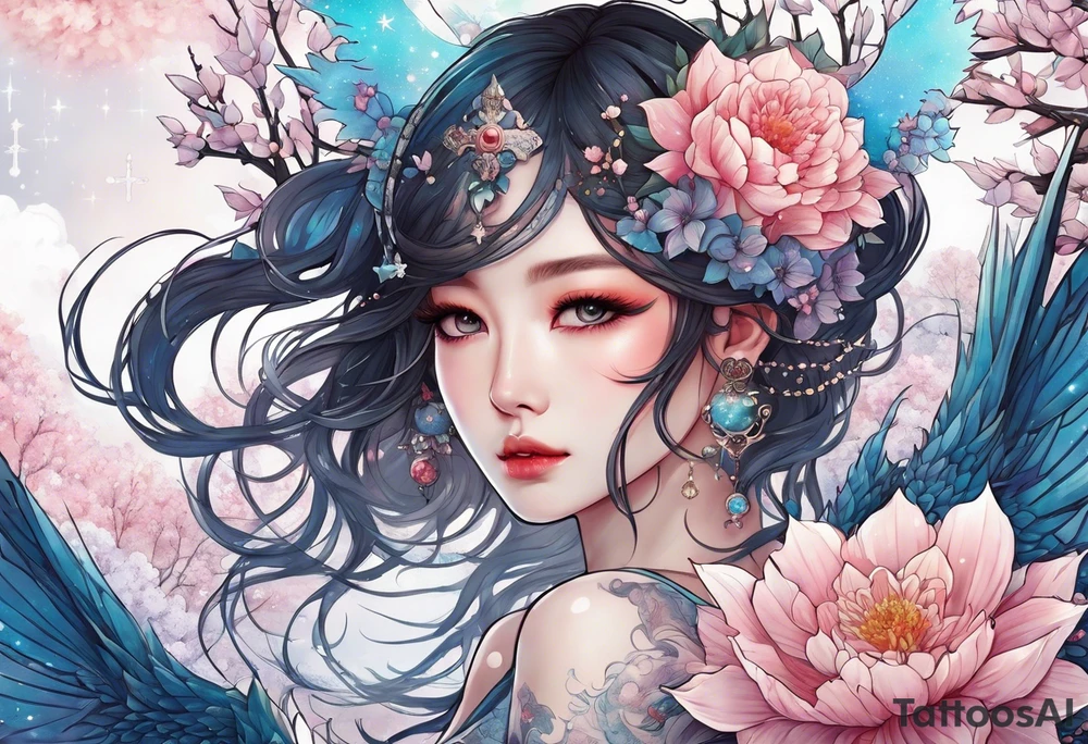 Constellation, wing , snow , cross , dragon female japan kawaii , flower tattoo idea