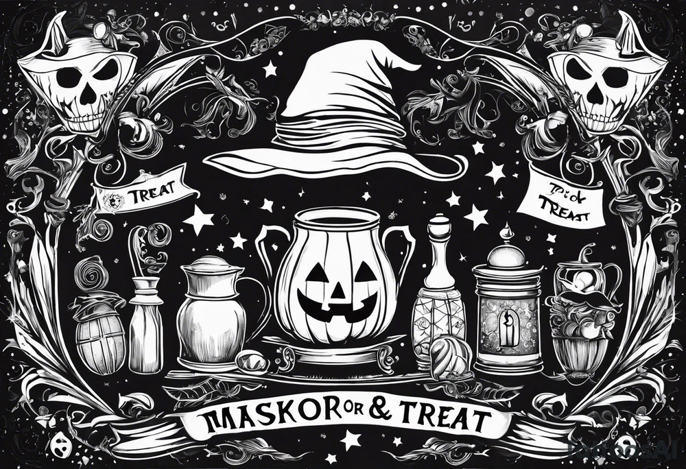 Trick or treat, 20 oz tumbler banner design, candy, minimalist, potions, brew, broom, spellbound, voodoo, cat tattoo idea