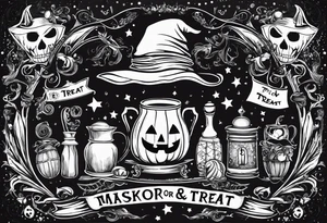Trick or treat, 20 oz tumbler banner design, candy, minimalist, potions, brew, broom, spellbound, voodoo, cat tattoo idea
