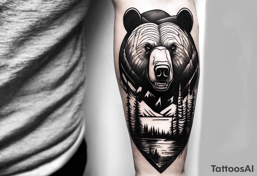 bear head right above the forest line with a lake below, full arm sleeve tattoo tattoo idea