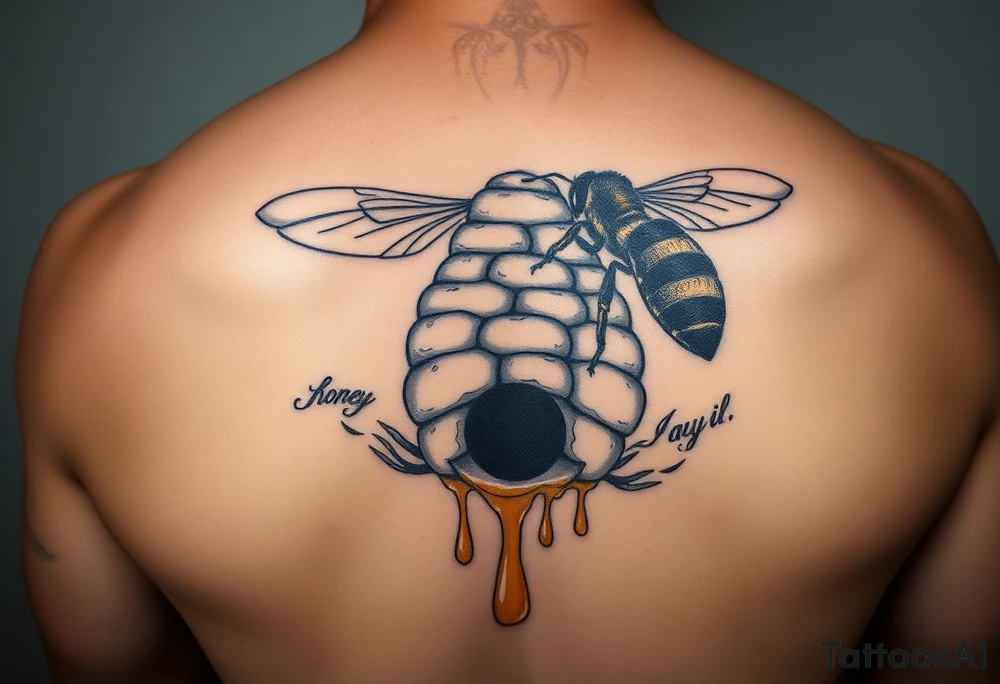 Honey bee hive dripping honey into ocean tattoo idea