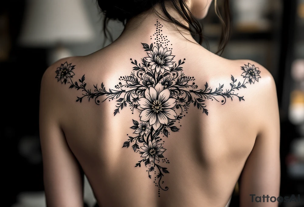 1.	Cherry Blossom Flow (Central Spine): A cascading cherry blossom flowing vertically along the spine to cover the central portion of the existing tattoo. Symmetrical patterns inspired by ornamental designs, with intricate curves and dotwork extending outward from the base of the spine. These elements should balance the floral motif and enhance the lower back area with a decorative, feminine flair.
	3.	Dotwork and Contouring: Delicate linework and dot patterns should be added around the floral design to give texture and seamlessly blend the tattoo with the surrounding skin. The ornamentation should curve naturally along the shape of the body, creating a cohesive, elegant look. tattoo idea