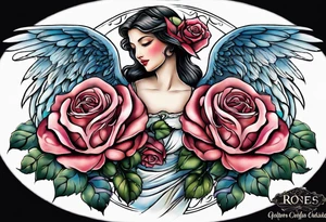 Soft washes of color create a dreamlike effect. Imagine the angel's wings with watercolor washes, the swan blending into soft blues, and the roses blooming in watercolor pinks and reds. tattoo idea