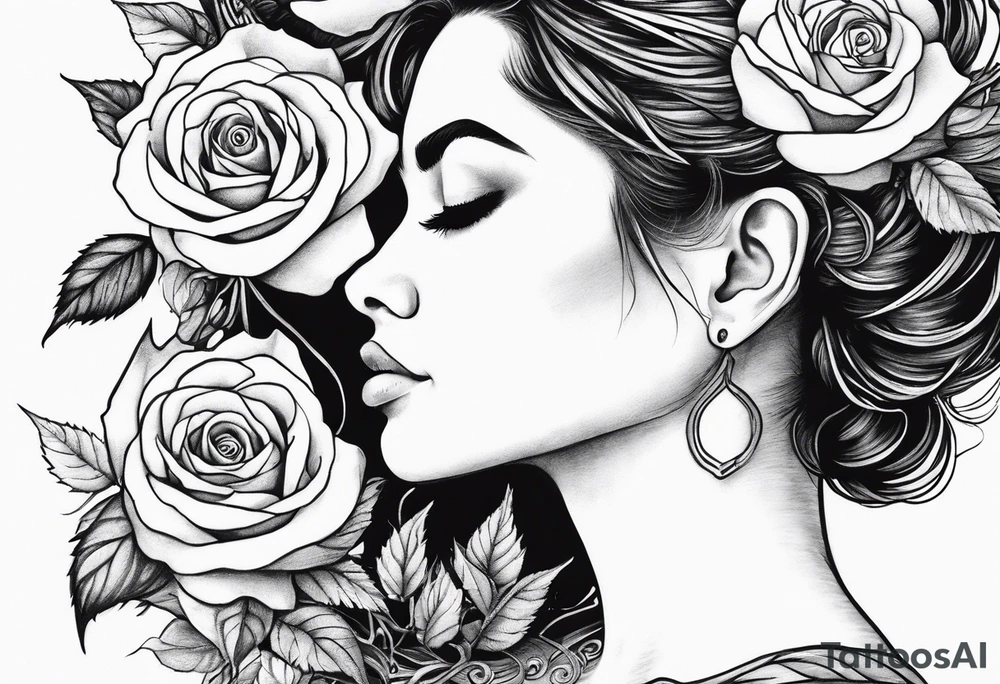 Mother natures face side profile with little hair in her face some roses and branches intertwined in her hair she’s holding a rose head. Black and white tattoo idea
