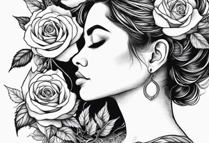 Mother natures face side profile with little hair in her face some roses and branches intertwined in her hair she’s holding a rose head. Black and white tattoo idea