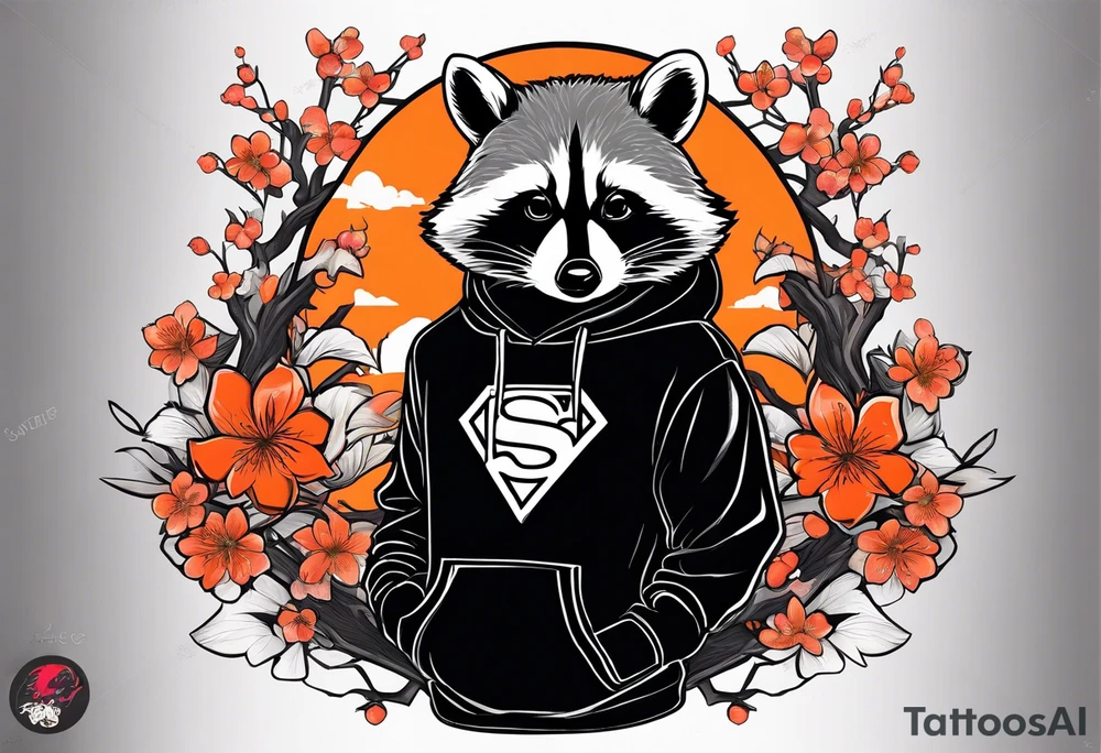 Raccoon wearing a white Superman logo on a black hoodie and orange Japanese cherry blossoms beside tattoo idea