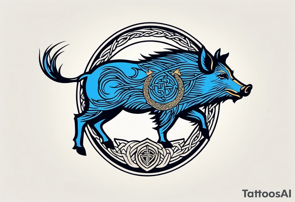 Side profile, Celtic, tribal, wild boar, On a Chatwin family crest with blue background, two gold stars, and a gold Chevron, and a Thistle tattoo idea