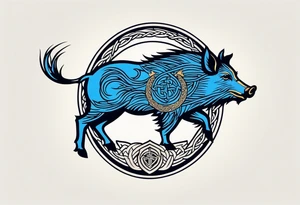 Side profile, Celtic, tribal, wild boar, On a Chatwin family crest with blue background, two gold stars, and a gold Chevron, and a Thistle tattoo idea