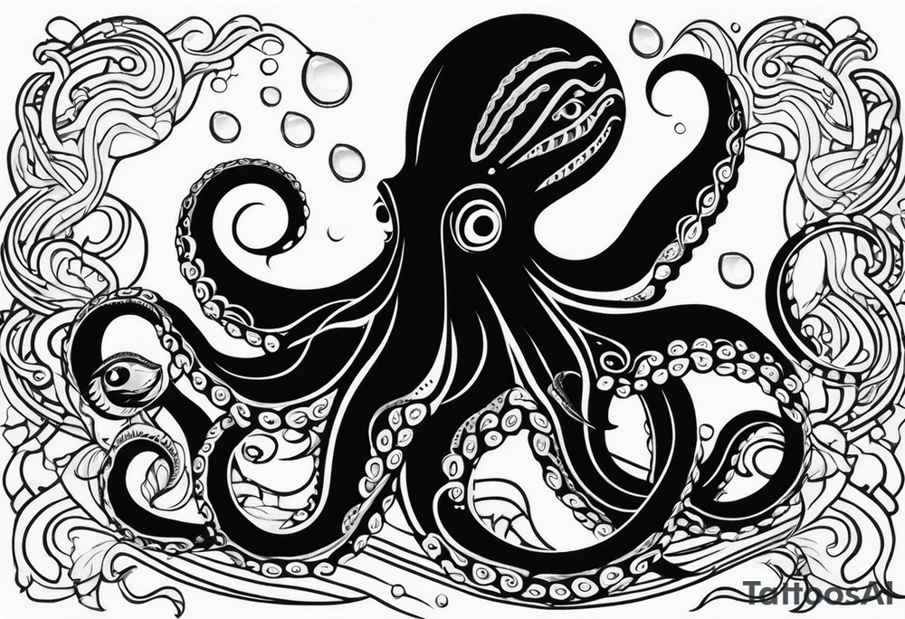 Tribal half sleeve. octopus surrounded by ribbons of water waves filled with fish. the octopus has small eyes. Use thick lines only with less detail. tattoo idea