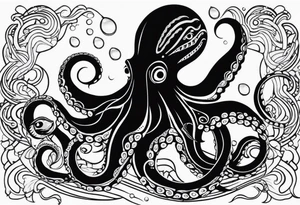 Tribal half sleeve. octopus surrounded by ribbons of water waves filled with fish. the octopus has small eyes. Use thick lines only with less detail. tattoo idea