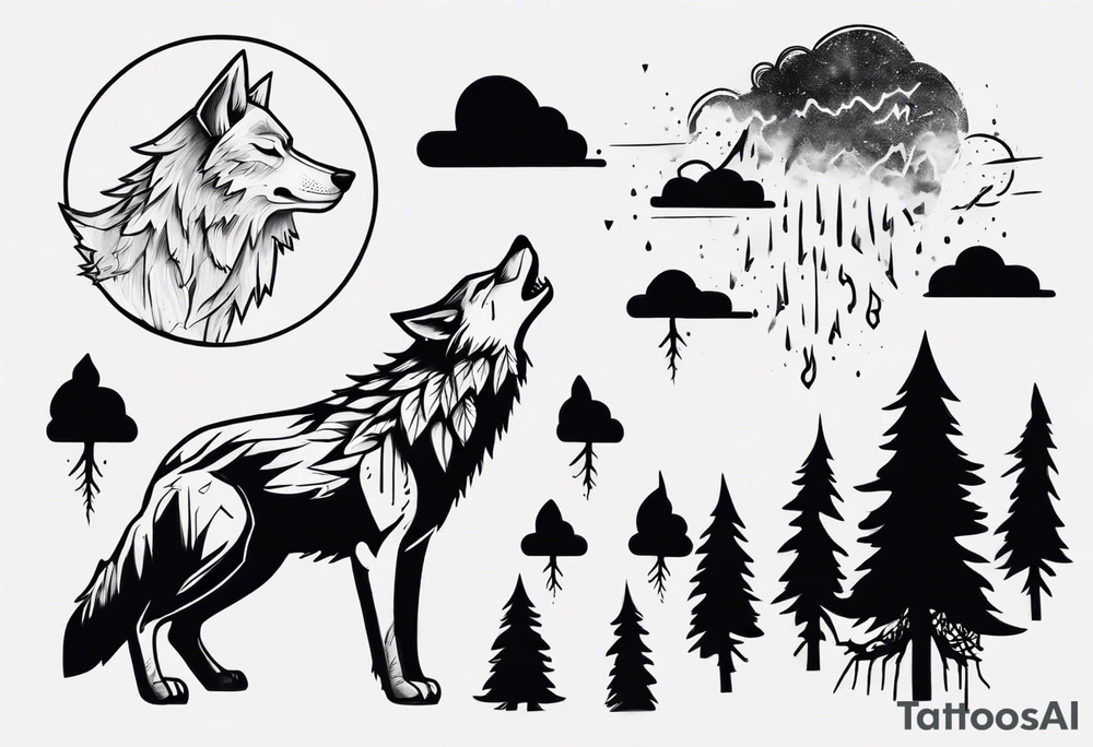 a thunderstorm over a forest and a wolf howling tattoo idea a thunderstorm over a forest and a wolf howling tattoo idea