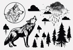 a thunderstorm over a forest and a wolf howling tattoo idea