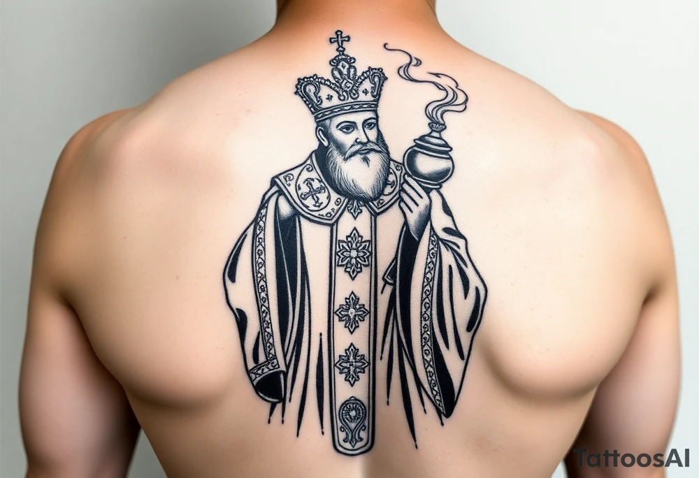 Russian Orthodox Priest in fully detailed vestment swinging a censer with smoke curling upward tattoo idea