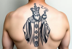 Russian Orthodox Priest in fully detailed vestment swinging a censer with smoke curling upward tattoo idea