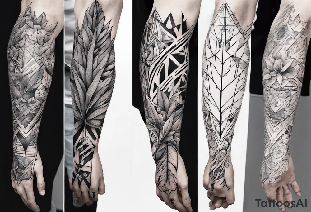full arm tattoo. pointy leaves combined with geometric shapes. whole arm tattoo idea