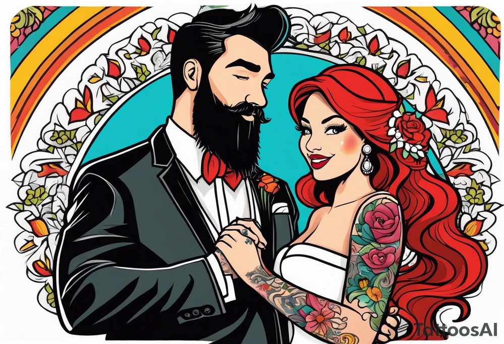 Busty red haired woman with a bearded man who has black hair getting married tattoo idea