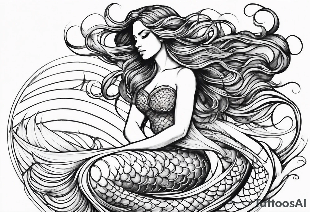 sexy goddess mermaid with flowing hair and long flowing tail with scales tattoo idea
