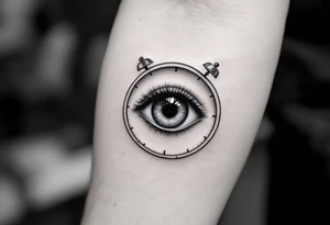 A surreal clock with an eye in place of the dial, eyelids opening like doors, intricate detail, realistic shading, black and gray. tattoo idea