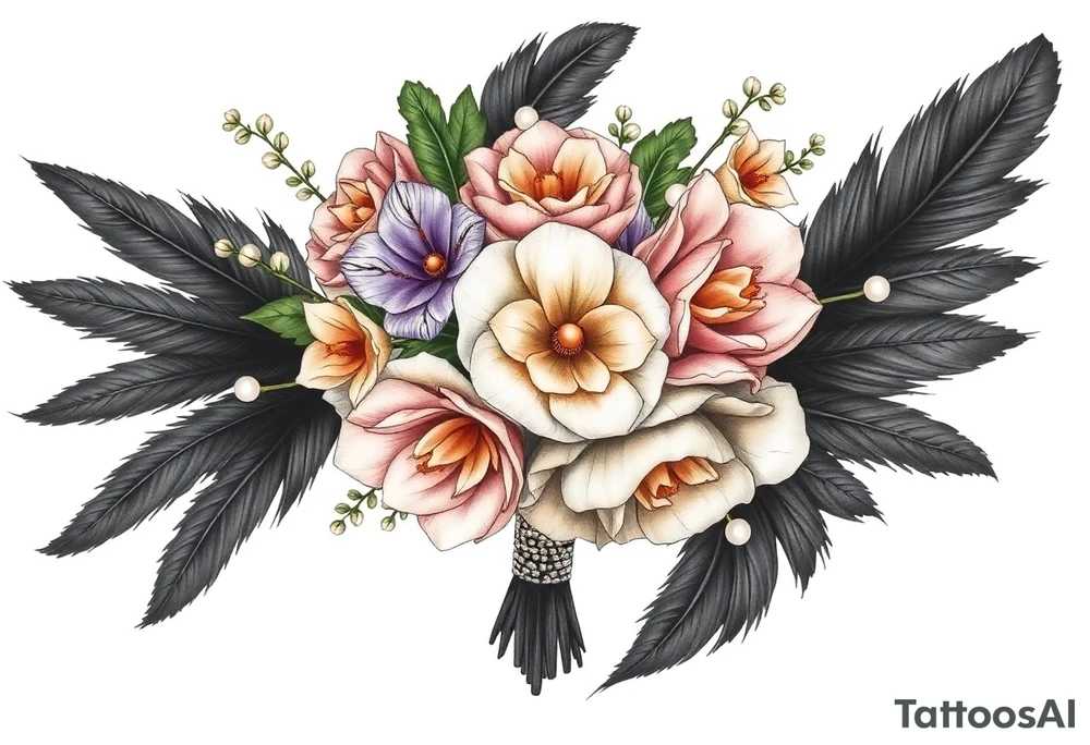 A wedding bouquet of olive green , lavender , rose gold and cream flowers surrounded by black feathers as the wrapping with one single pearl along the spine of each feather tattoo idea